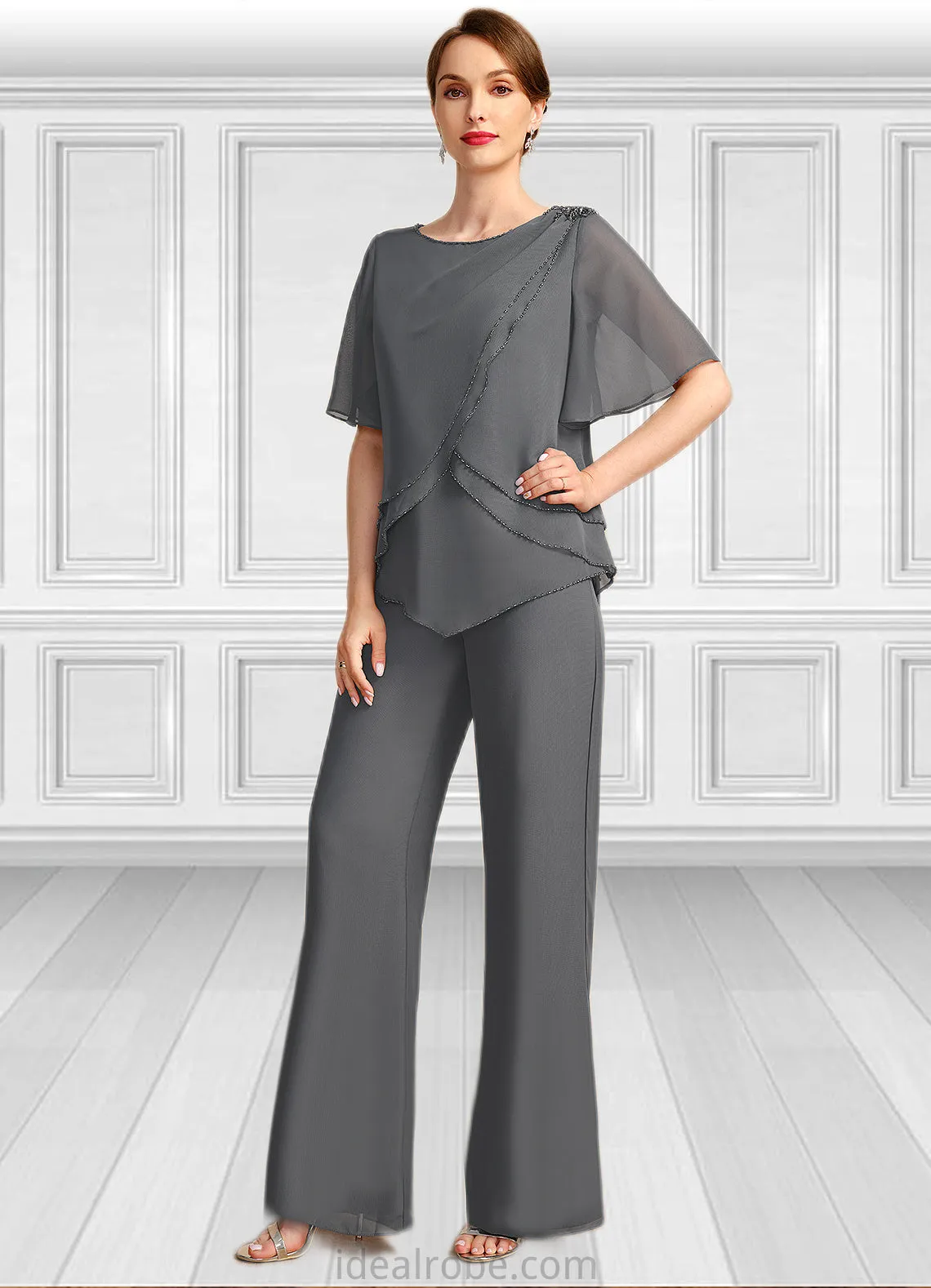 Jacquelyn Jumpsuit/Pantsuit Separates Scoop Floor-Length Chiffon Mother of the Bride Dress With Beading STKP0021783