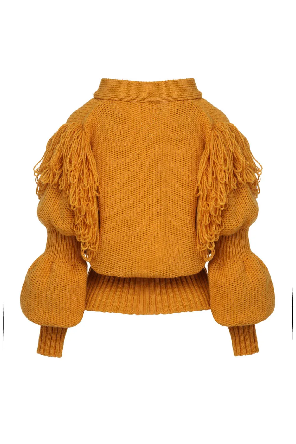 FRINGES POUF SLEEVE CARDIGAN IN MUSTARD