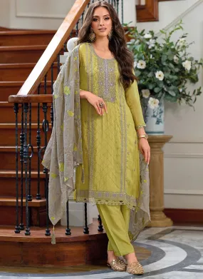 Exquisite Olive Green Color Organza Embroidered Designer Salwar Suit With Fancy Dupatta