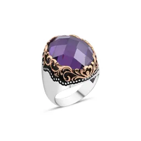 Facet Cut Ellipse Purple Zircon Stone Silver Men's Ring with Wavy Top Pattern Around