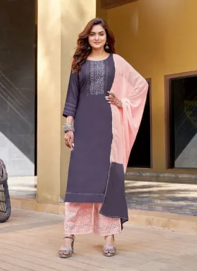 Fascinating Purple Color Casual Wear Embroidered Kurti Suits With Palazzo Pants