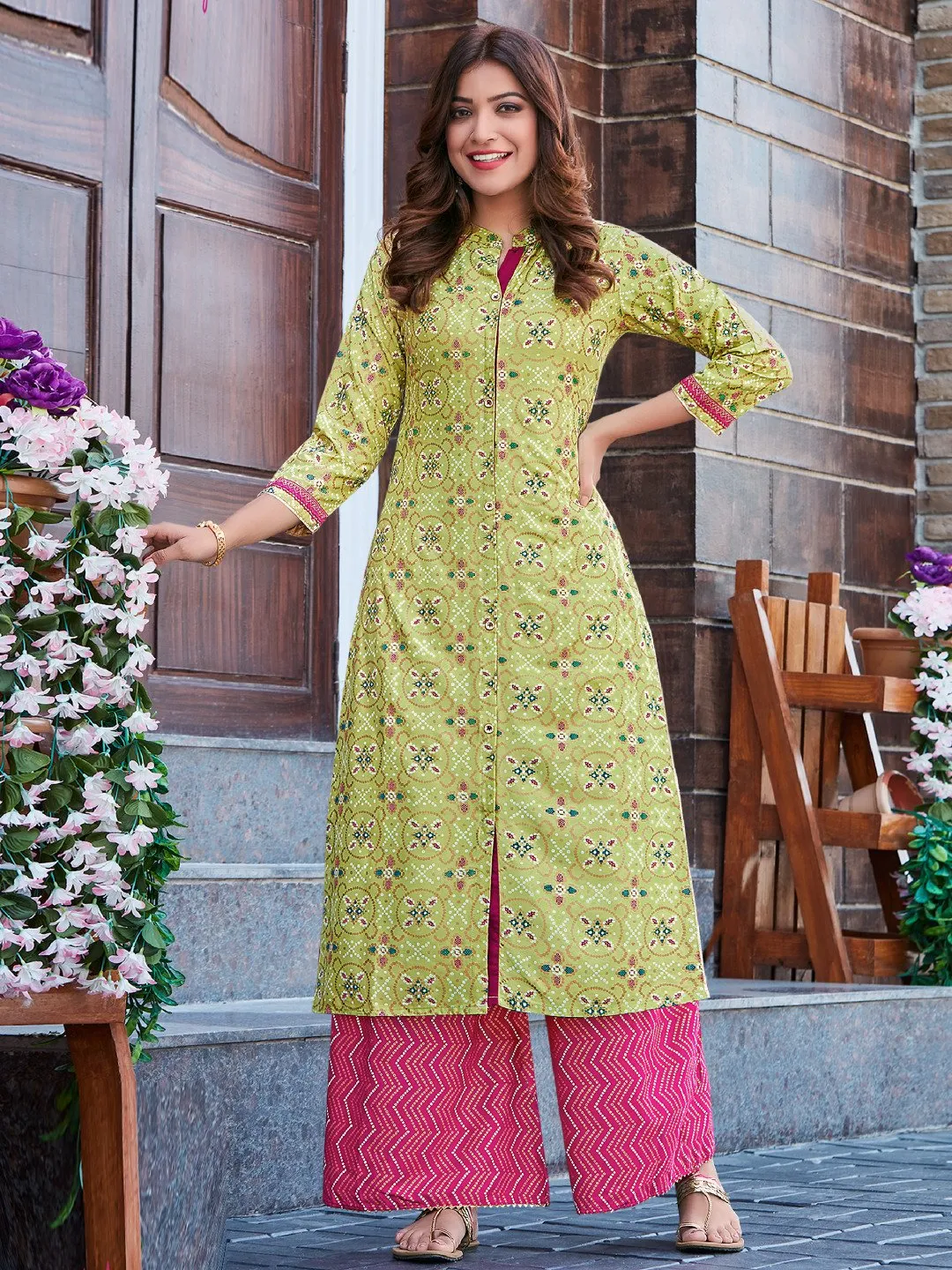 Floral Green Rayon Printed Kurti with Palazzo