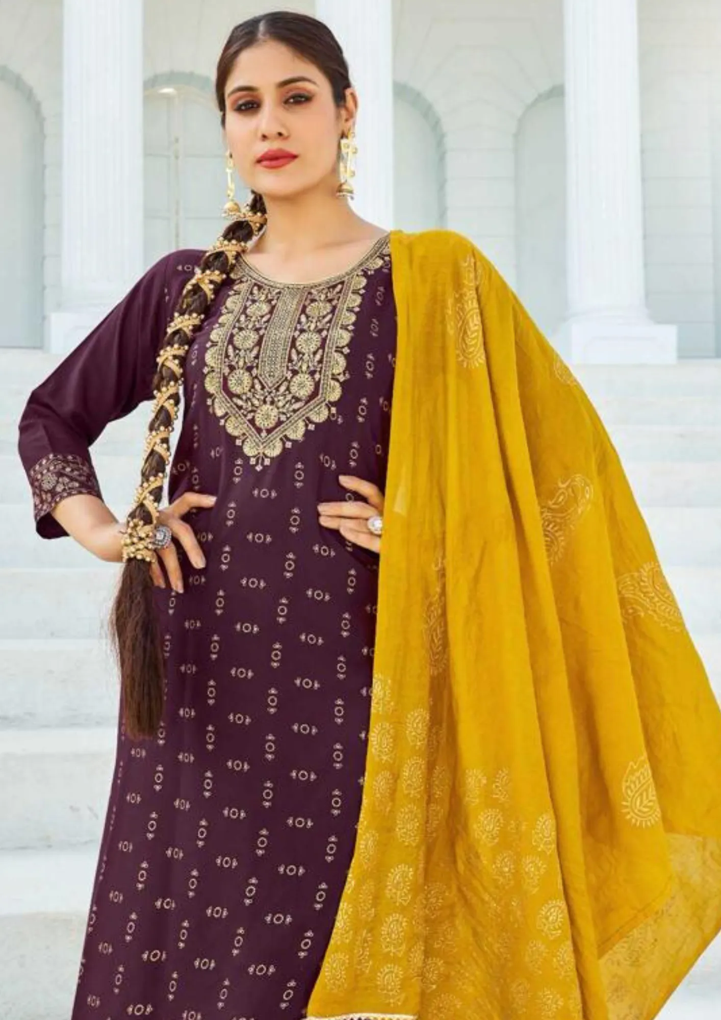 Glamorous Purple Color Rayon With Foil Print Kurti With Dupatta Sets For Women