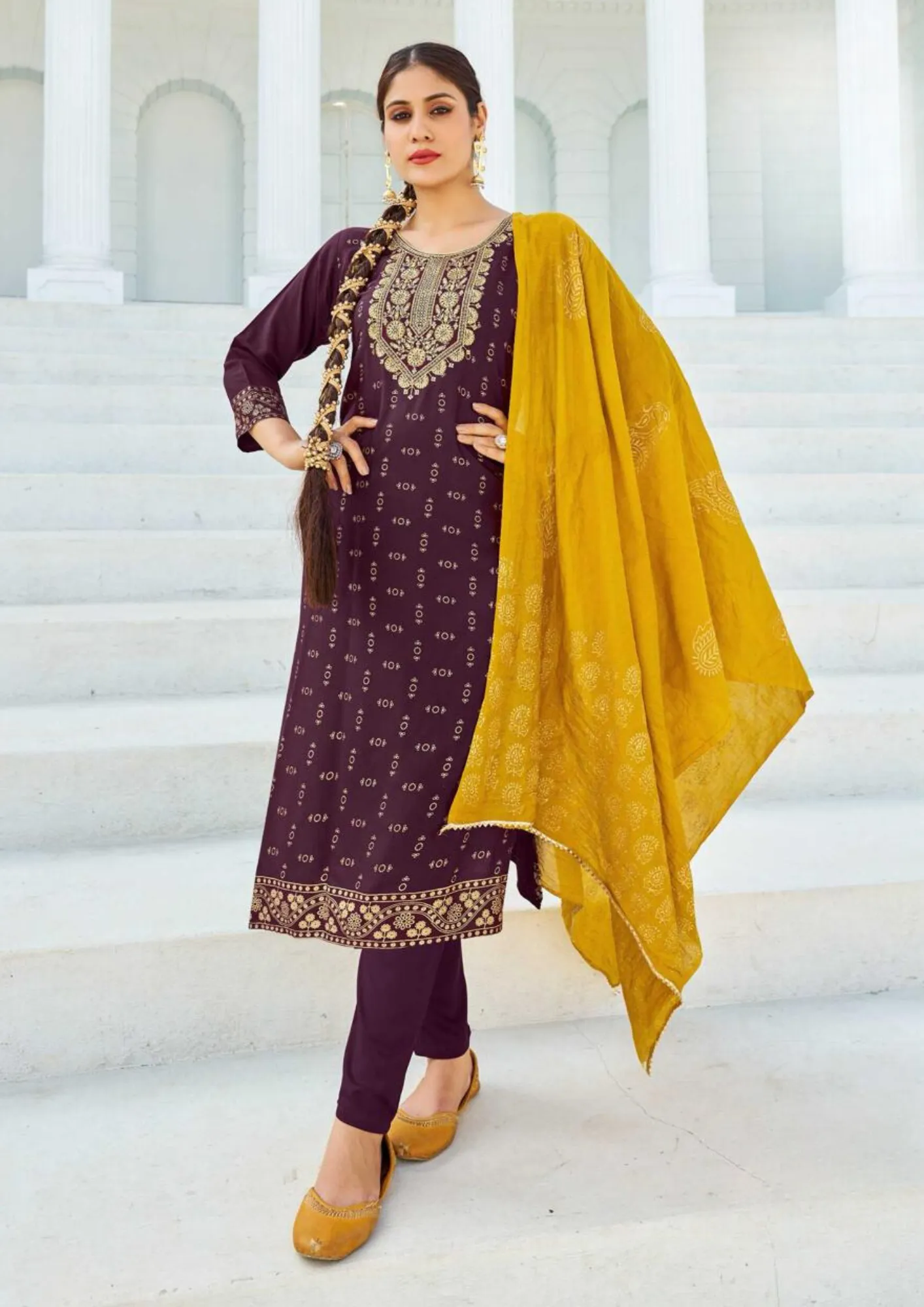 Glamorous Purple Color Rayon With Foil Print Kurti With Dupatta Sets For Women