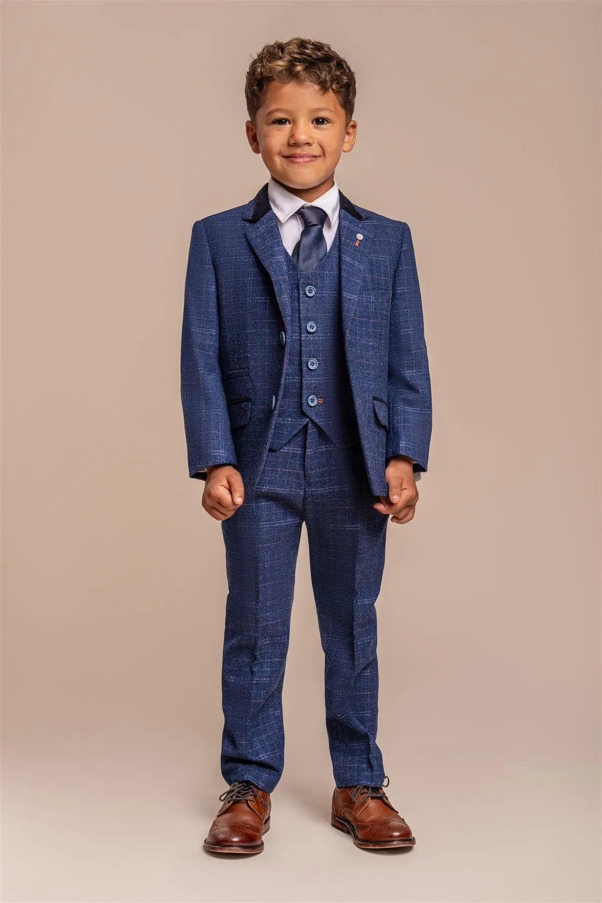 Kaiser Blue Check Boys Three Piece Suit