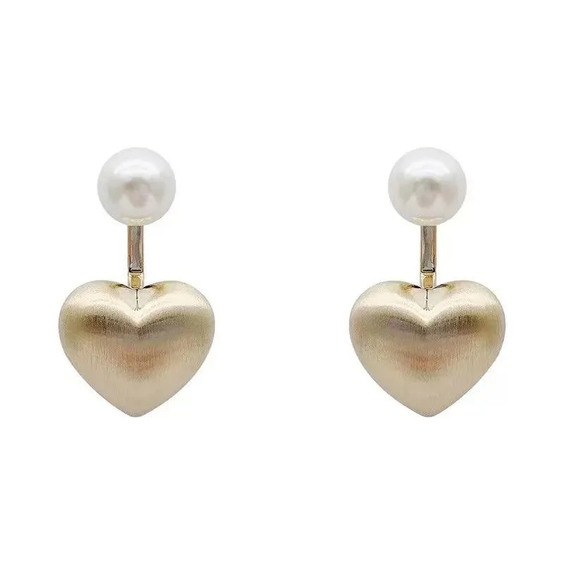 Contracted Metal Frosted Heart-shaped Pearl Stud Earrings Charm Jewelry RB256