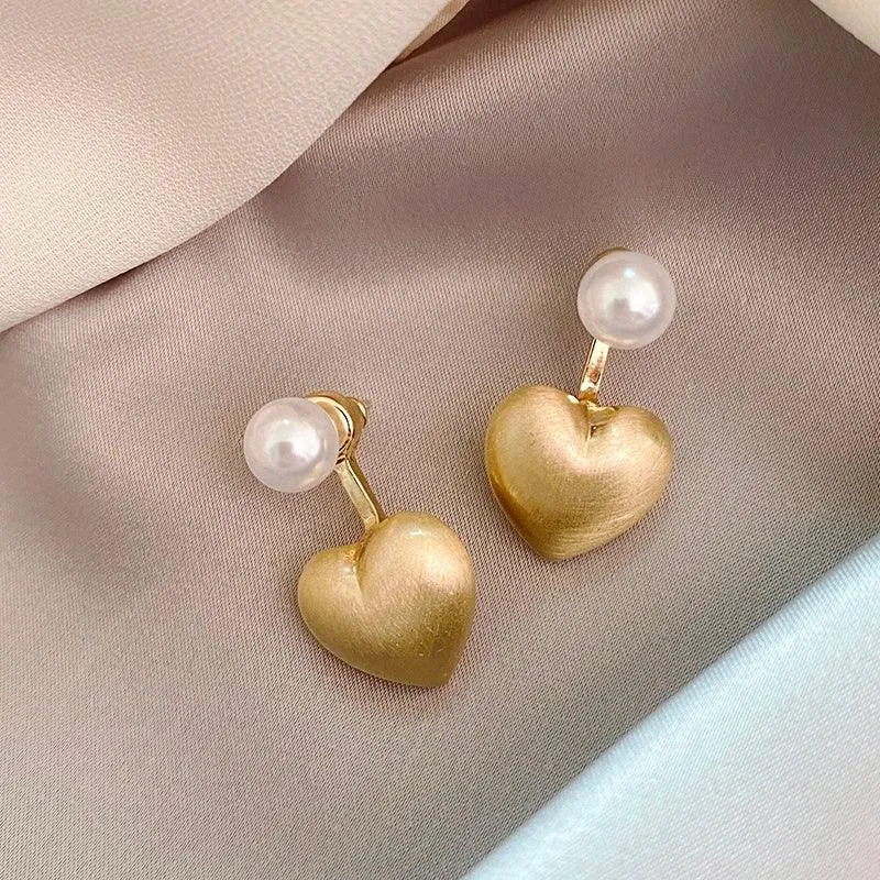 Contracted Metal Frosted Heart-shaped Pearl Stud Earrings Charm Jewelry RB256