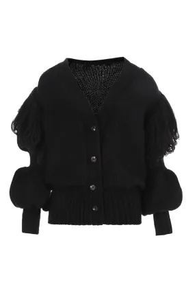 FRINGES POUF SLEEVE CARDIGAN IN BLACK