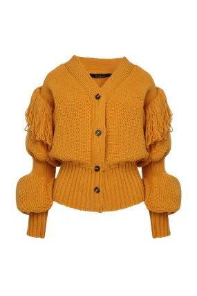 FRINGES POUF SLEEVE CARDIGAN IN MUSTARD