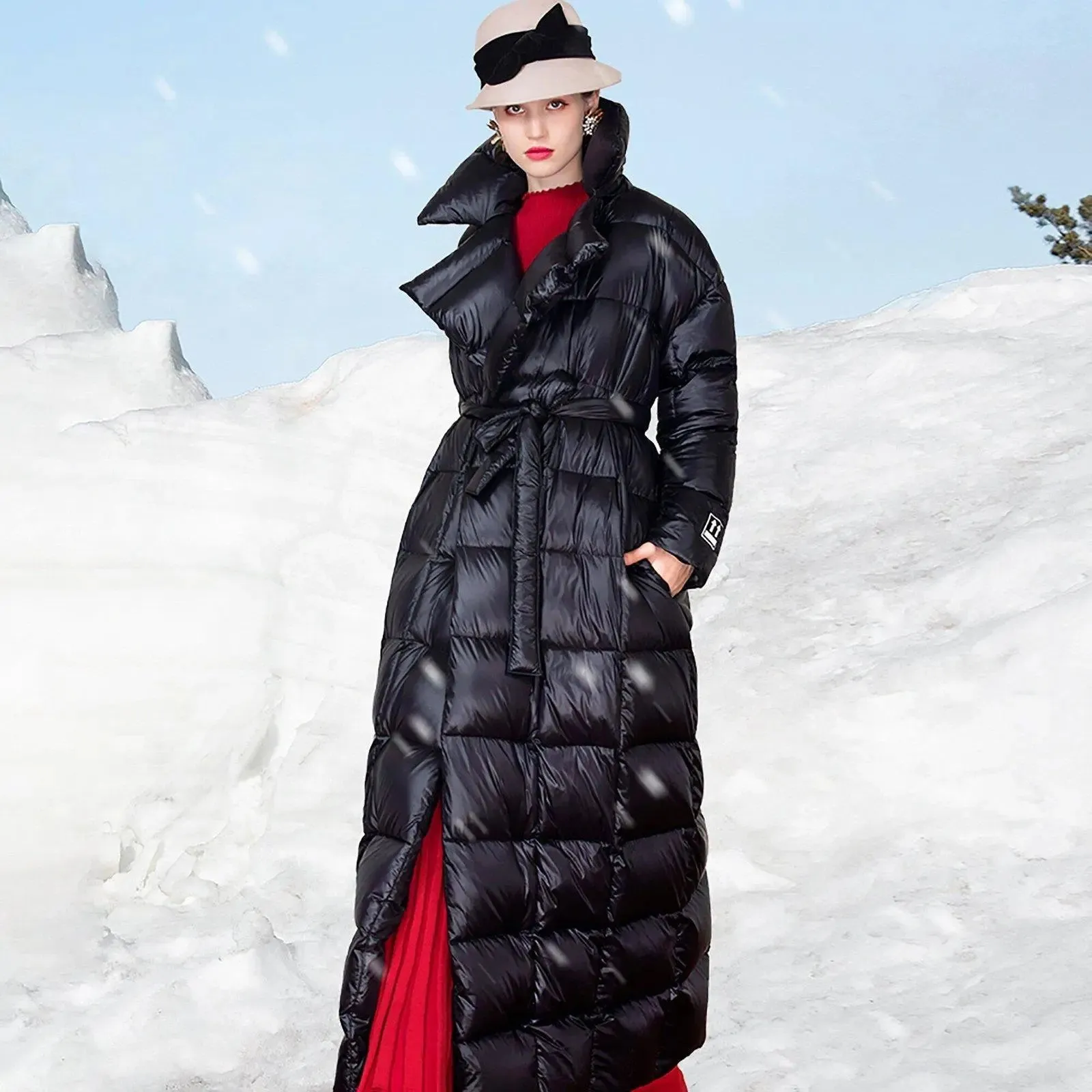 Bonnie Waterproof Black Belted Wrap Thicken Down Puffer Maxi Parka