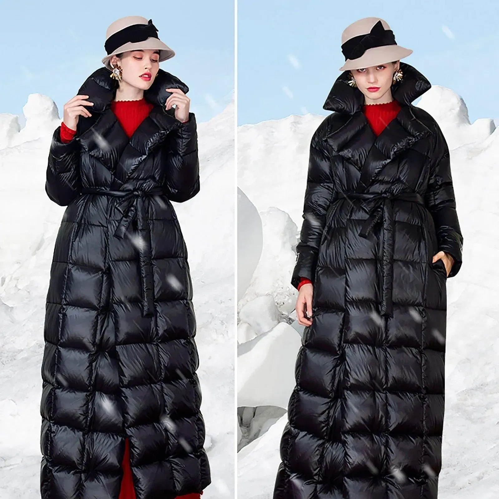 Bonnie Waterproof Black Belted Wrap Thicken Down Puffer Maxi Parka