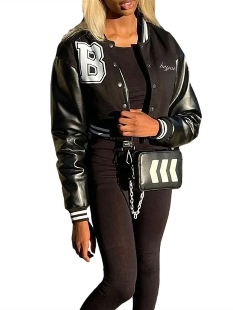 Women Letters Baseball Jacket Autumn Hip Hop Streetwear PU Leather Long Sleeve