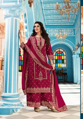 Gorgeous Dark Pink Colored Cotton Palazzo Suits With Printed Lace Work Dupatta