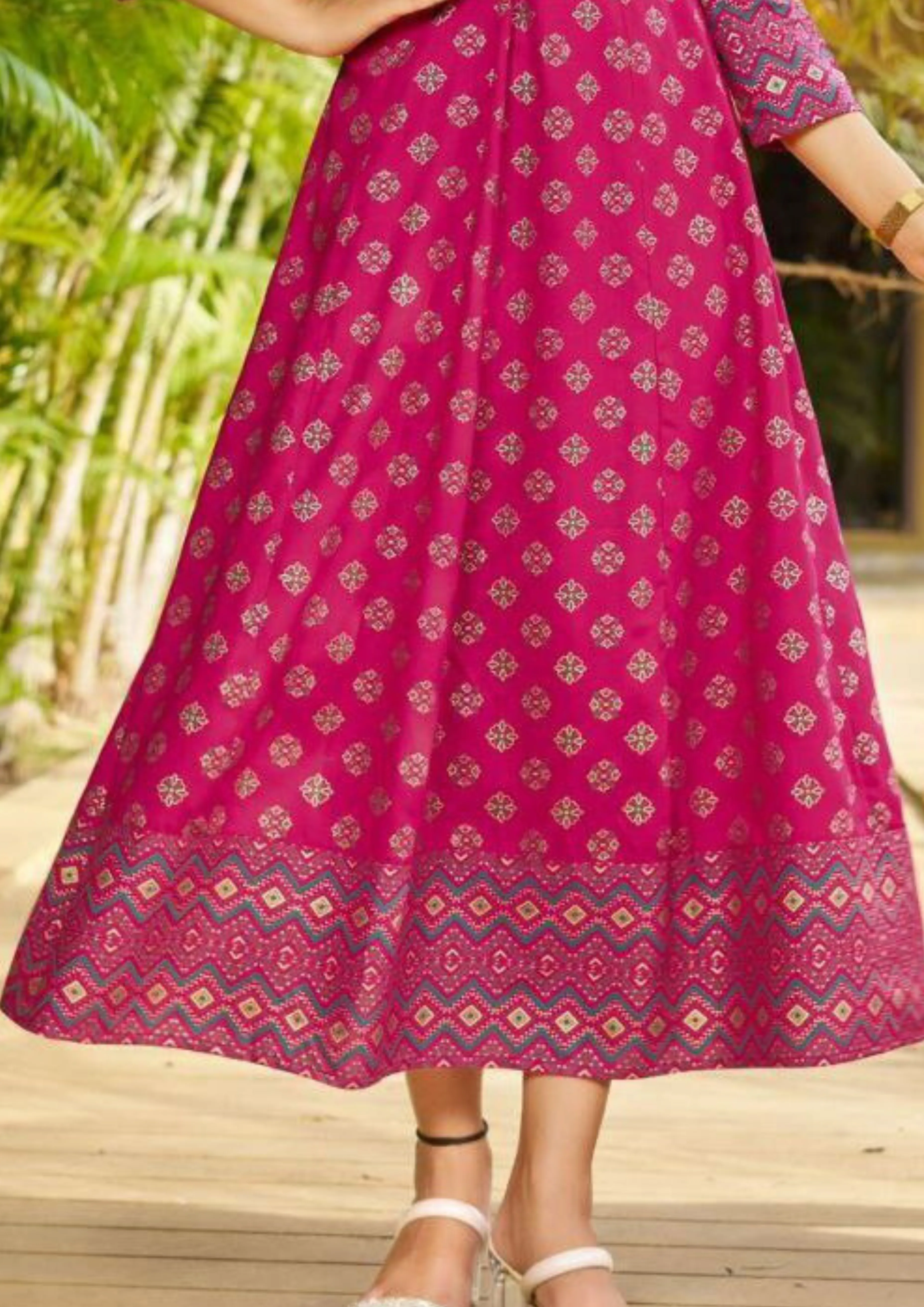 Gorgeous Pink Color Rayon Foil Print Anarkali Gown With  Embroidery Work