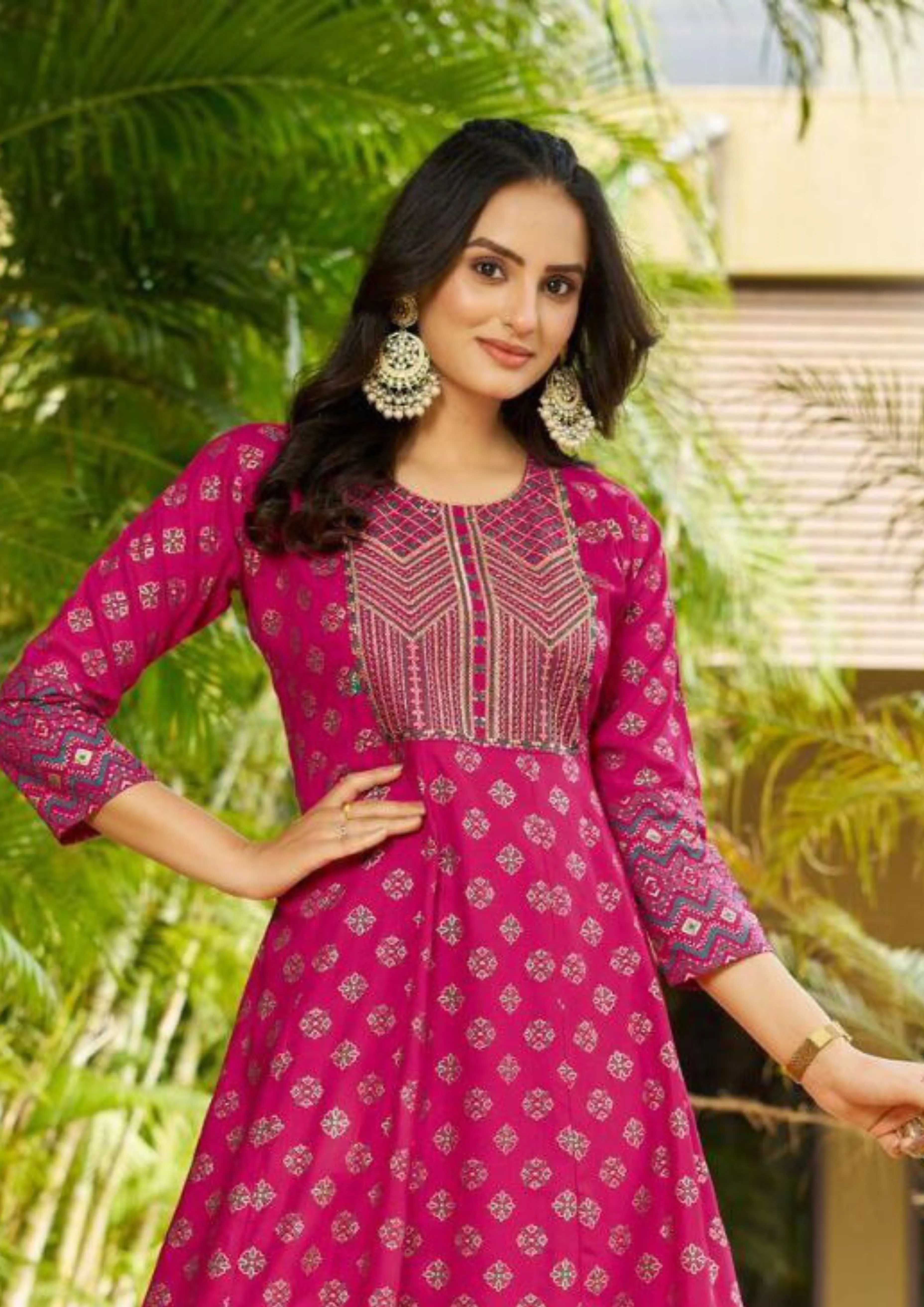 Gorgeous Pink Color Rayon Foil Print Anarkali Gown With  Embroidery Work