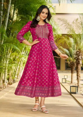 Gorgeous Pink Color Rayon Foil Print Anarkali Gown With  Embroidery Work