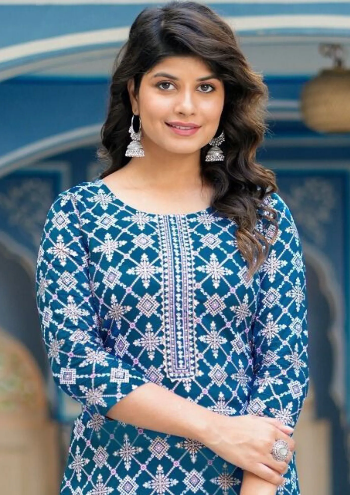 Graceful Blue Colored Box Design Rayon Gold Print Kurti With Fancy Embroidery Work