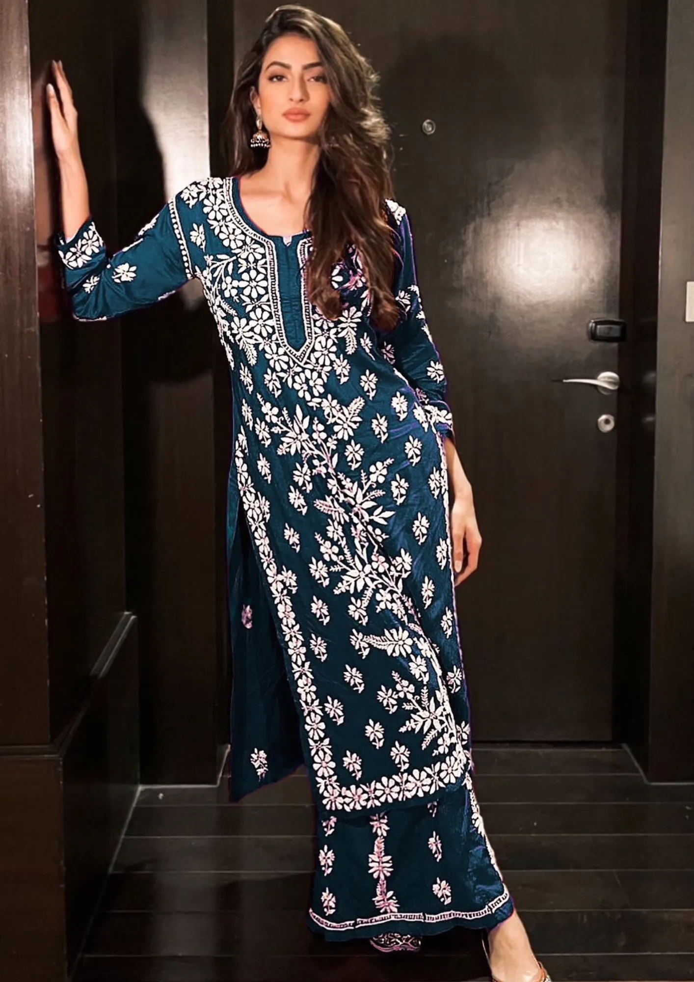 Heavenly Teal Blue Colored Heavy Rayon With Embroidery Kurti With Palazzo Suits For Women