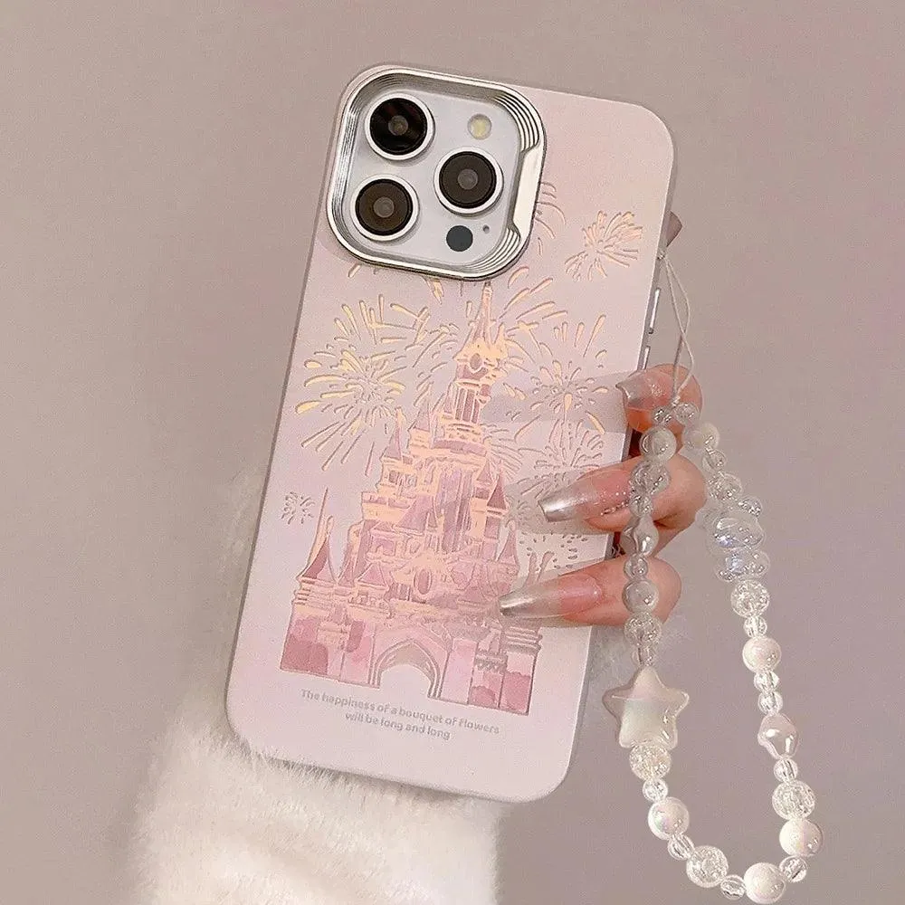 Pink Glitter Castle Cute Phone Case with Lanyard for iPhone 15, 14, 13, 12 Pro Max, and more