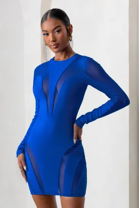 Grand Style | Royal Blue Mesh High Neck Cut Out Long Sleeves Mini Dress