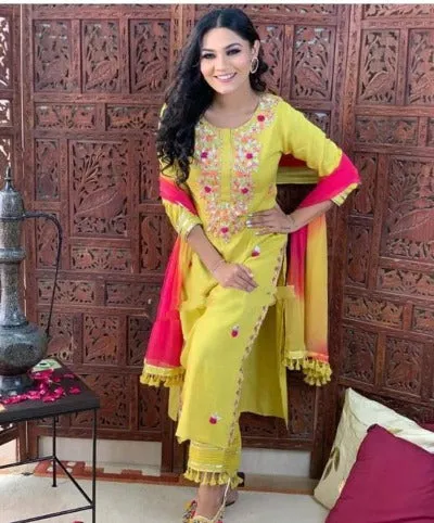 Lemon Yellow Pink Embroidered kurti Cotton Palazo Suit