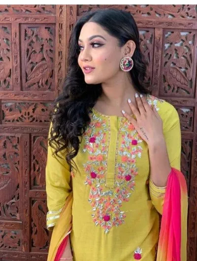 Lemon Yellow Pink Embroidered kurti Cotton Palazo Suit