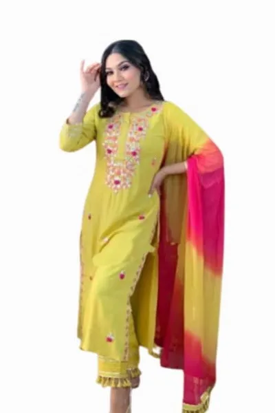 Lemon Yellow Pink Embroidered kurti Cotton Palazo Suit