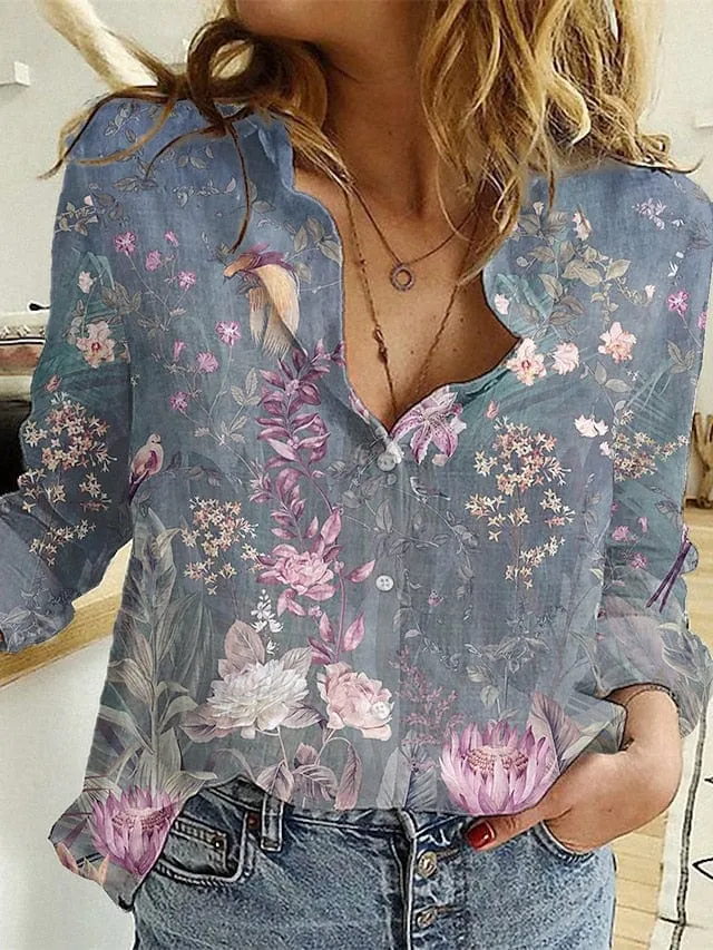 Women's Vintage Floral Print Long Sleeve Blouse