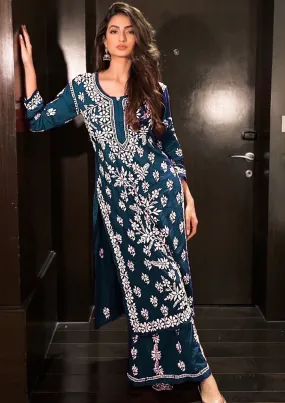 Heavenly Teal Blue Colored Heavy Rayon With Embroidery Kurti With Palazzo Suits For Women