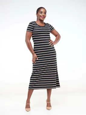 Hessed Sleeved Midi Striped Dress - Brown