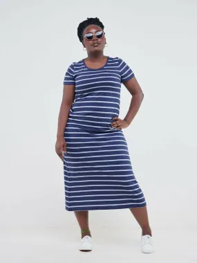 Hessed Sleeved Midi Stripped Dress - Blue