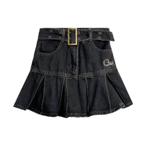 High Waist Lettering Embroidered Pleated Belted Mini A-Line Denim Skirt EE7