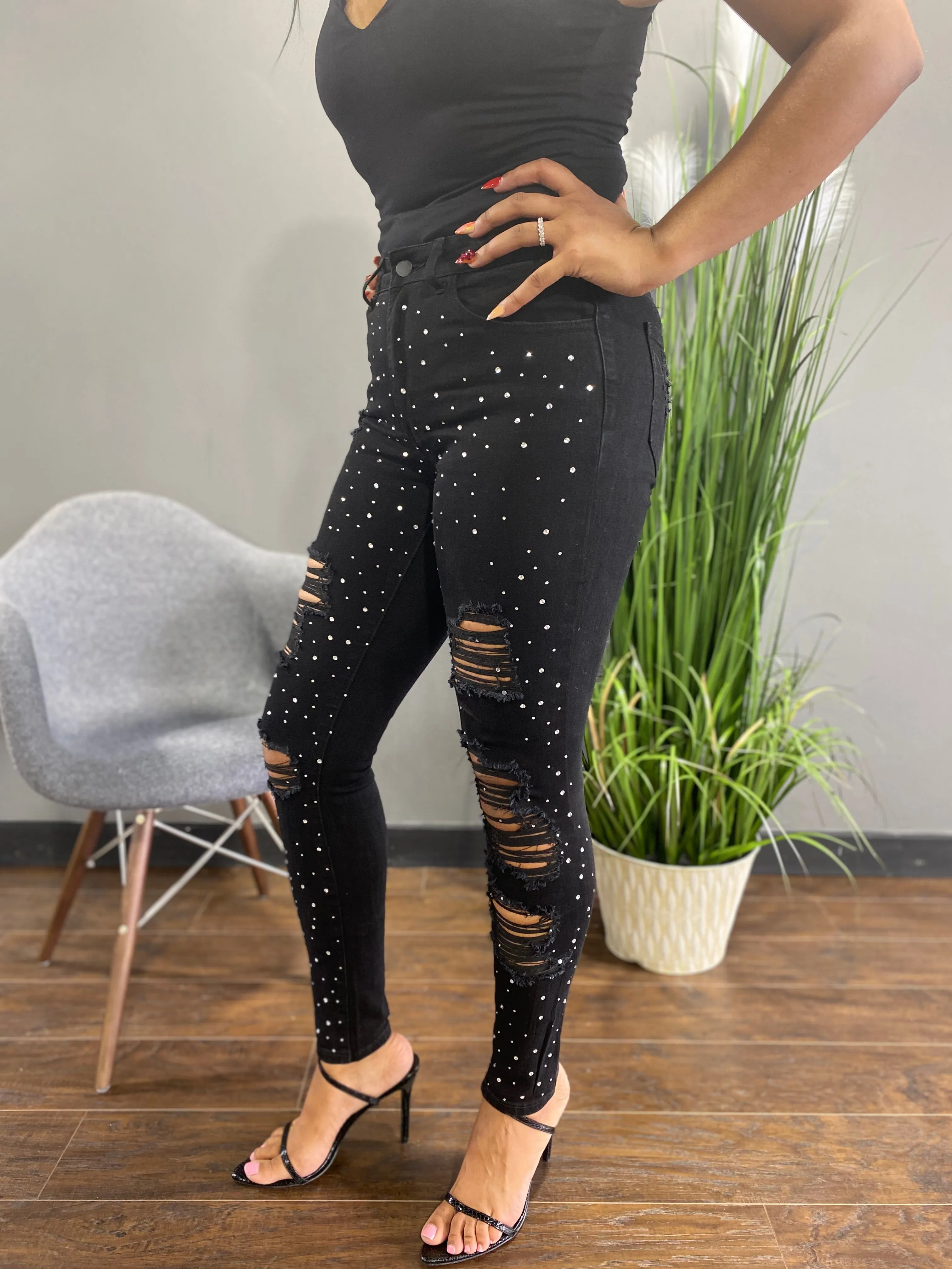 Aphrodite Rhinestone Skinny Jean (Black) AP4671