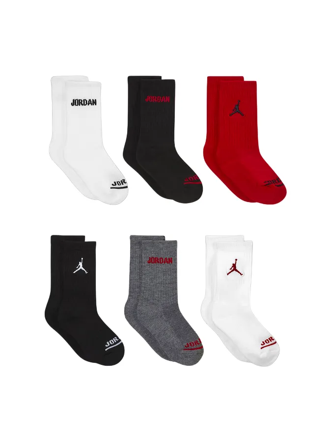 Jordan 6 Pairs Legend Crew Mid-Height Boys Sports Socks BJ0343-RK2 Red Black White Gray