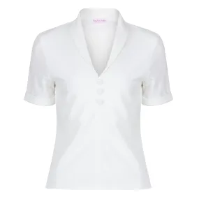 Ivory Button-down Short Sleeve Blouse with V-neck Collar