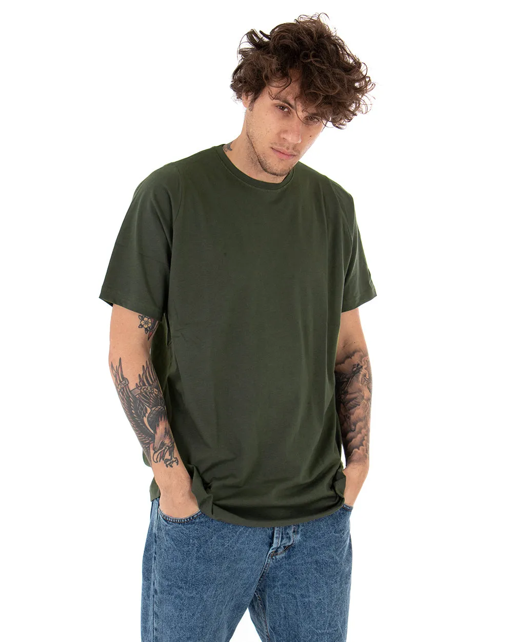 T-Shirt Uomo Oversize Tinta Unita Verde Militare Maglia Maniche Corte Girocollo Cotone GIOSAL