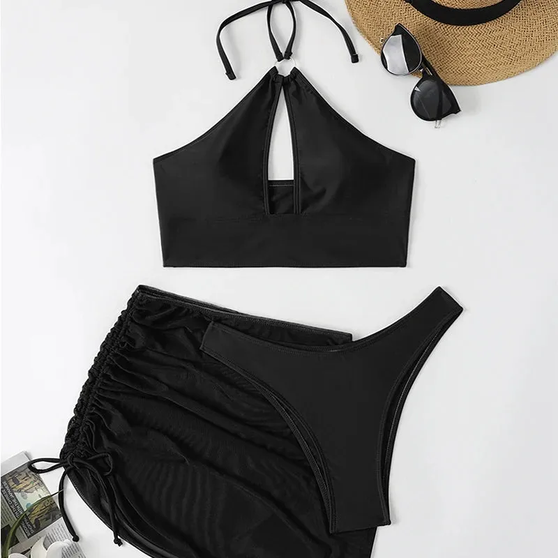 Hollow out halter bikini 3 piece set plus cover up skirt