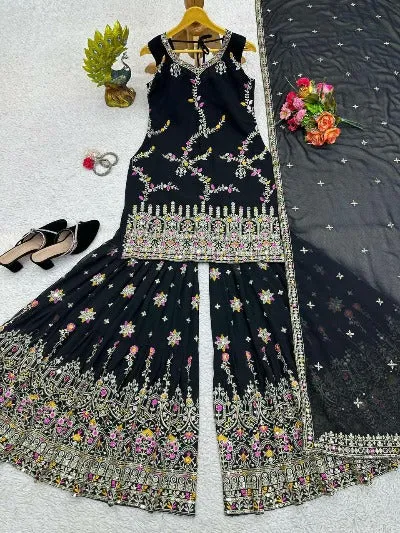 Black Georgette Thread Sequence & Mirror Work Sharara Suit Set