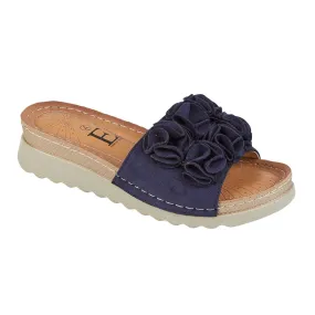 Ladies Navy Blue Mules Faux Suede Ruffle SALE