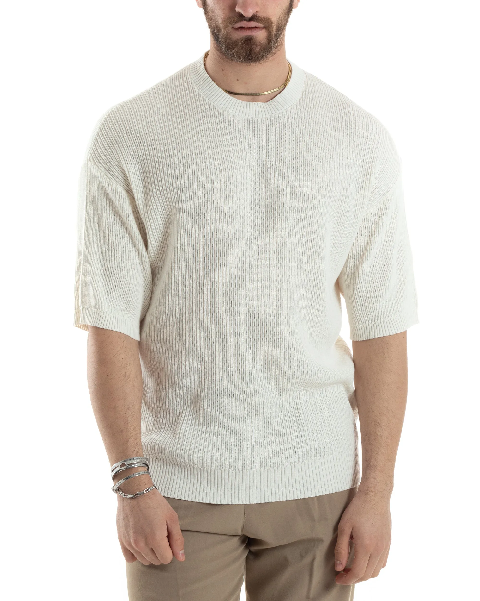 T-shirt Uomo Maglia In Filo A Costine Manica Corta Basic Oversize Panna Casual GIOSAL-TS3000A