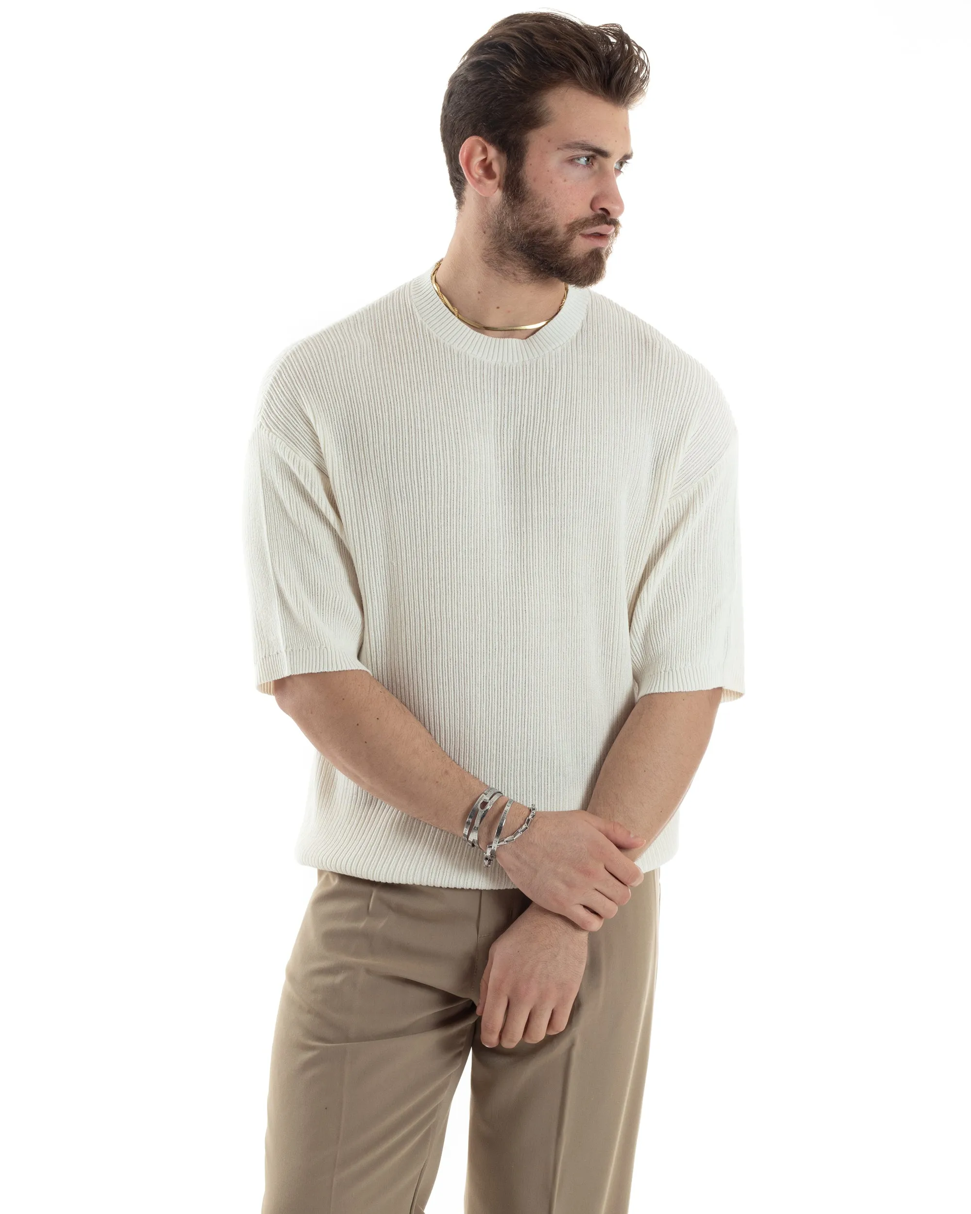 T-shirt Uomo Maglia In Filo A Costine Manica Corta Basic Oversize Panna Casual GIOSAL-TS3000A