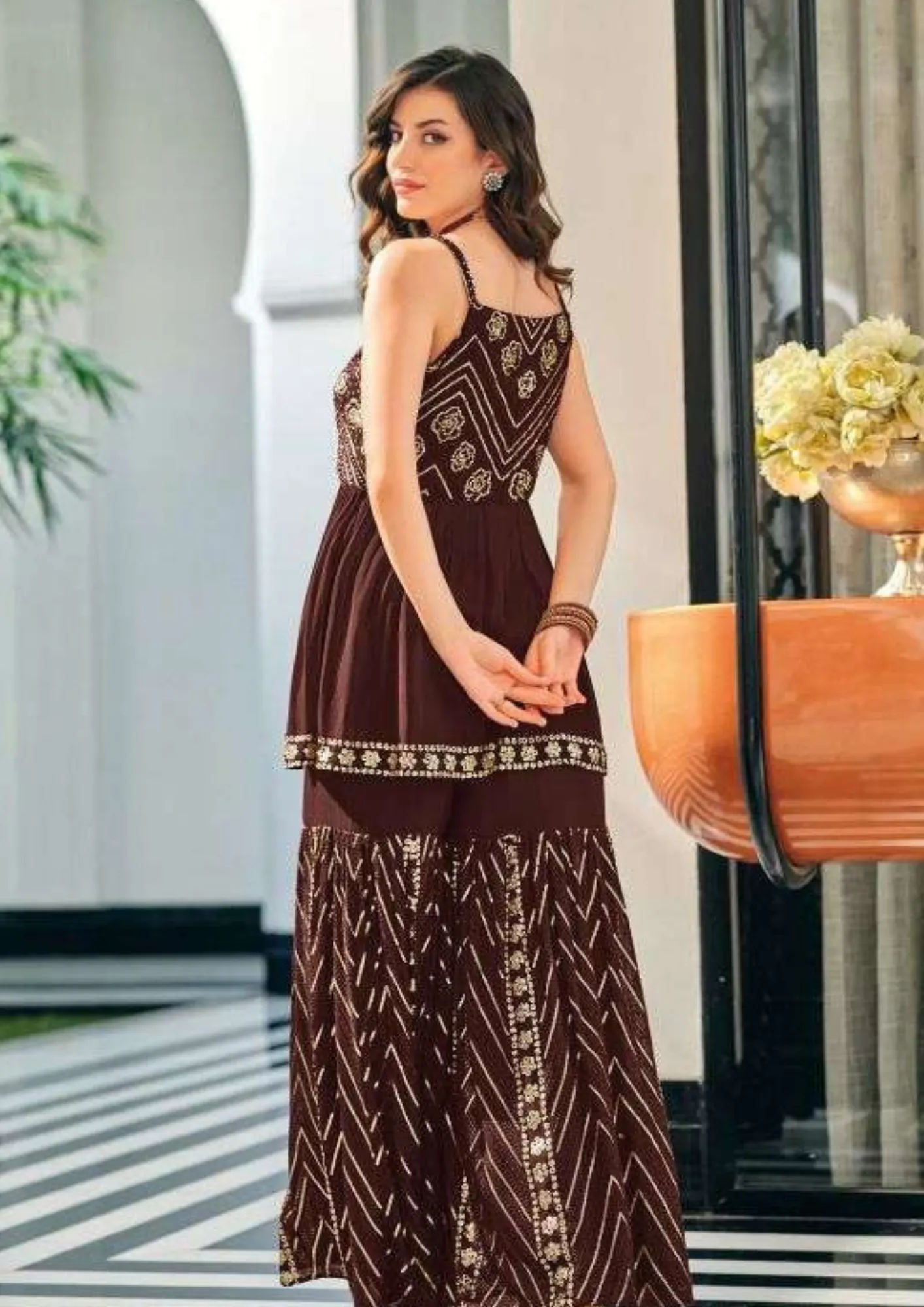 Lovely Brown Color Embroidered Designer Kurti Suits With Palazzo Pants