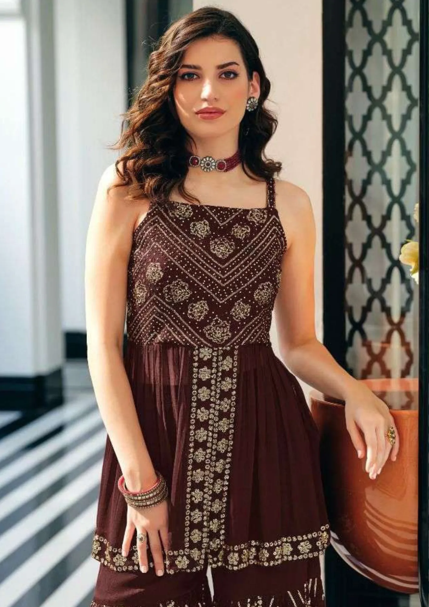 Lovely Brown Color Embroidered Designer Kurti Suits With Palazzo Pants