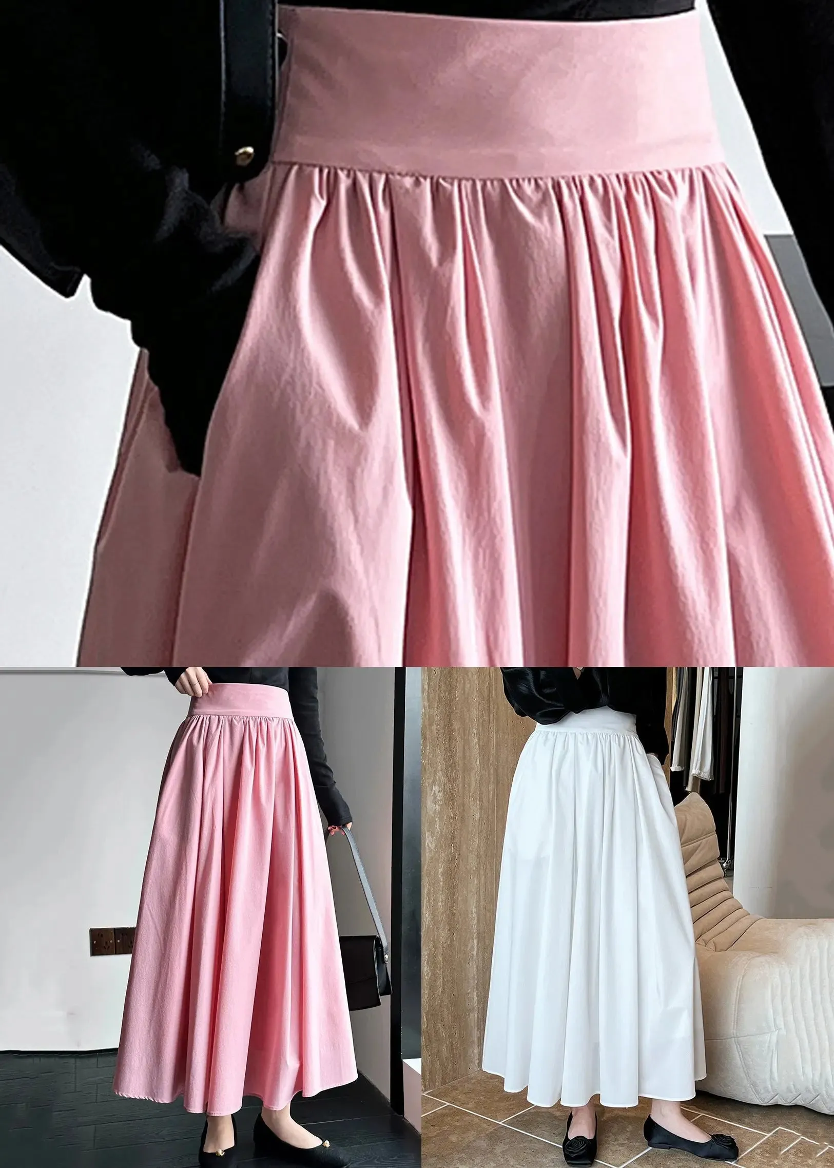 White Solid Pockets Cotton Pleated Skirt High Waist CG1004