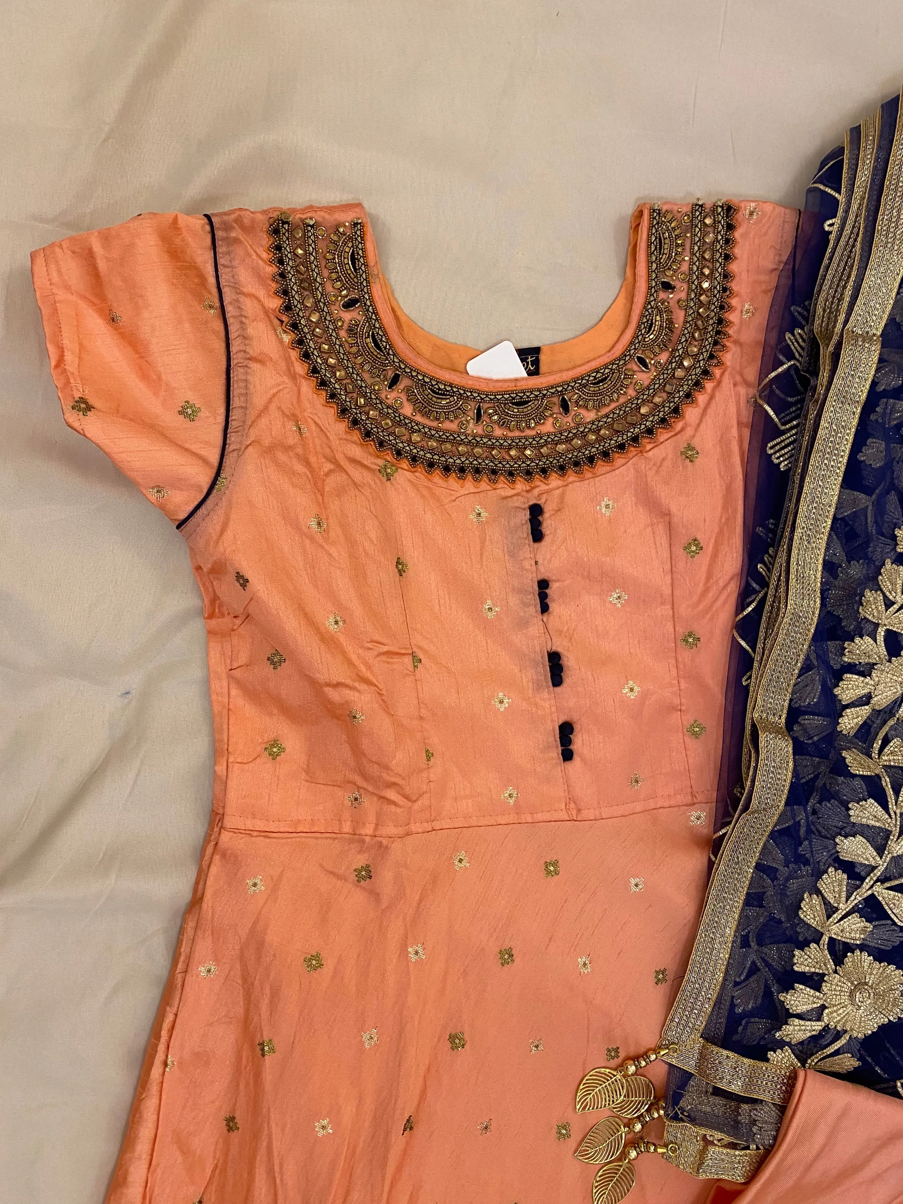 Peach Color Suit With Blue Dupatta and Self Color Bottom