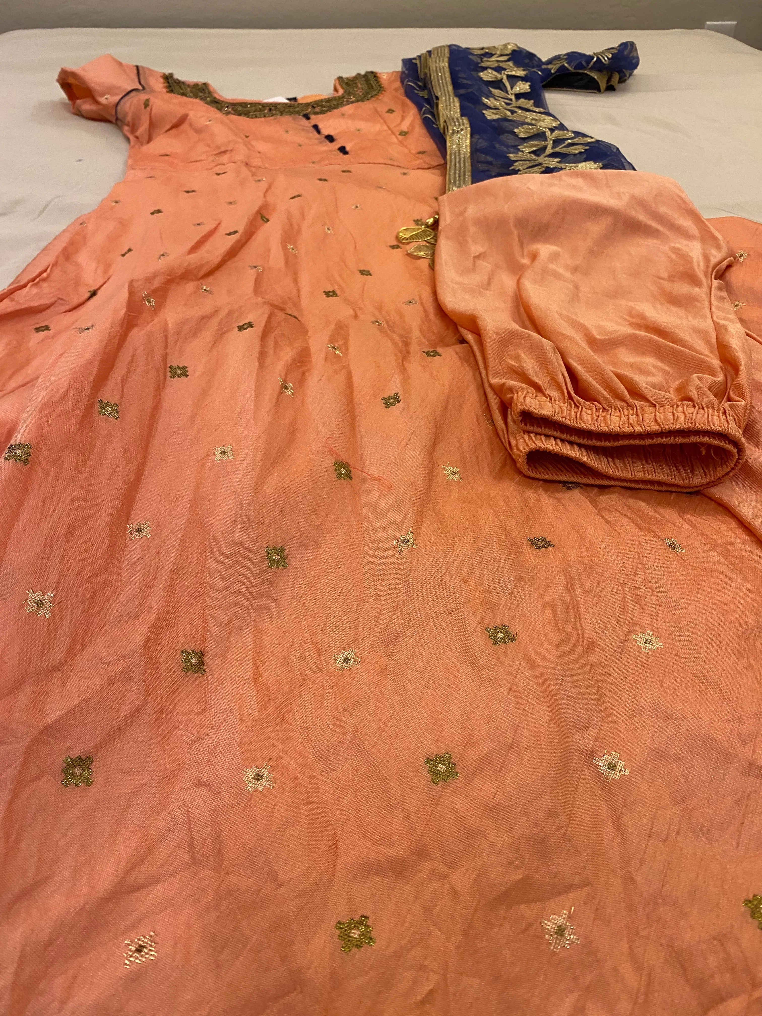 Peach Color Suit With Blue Dupatta and Self Color Bottom