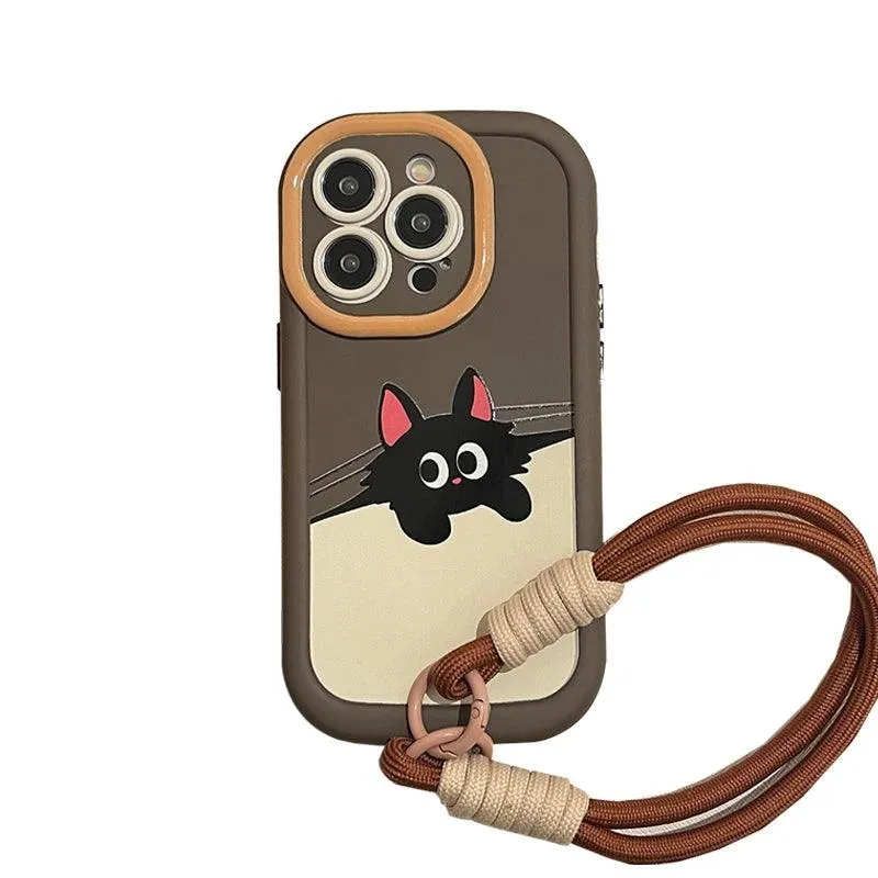 Cartoon Cat Puppy Cute Phone Case with Lanyard for iPhone 15 Pro Max, 14, 13, 11, 12