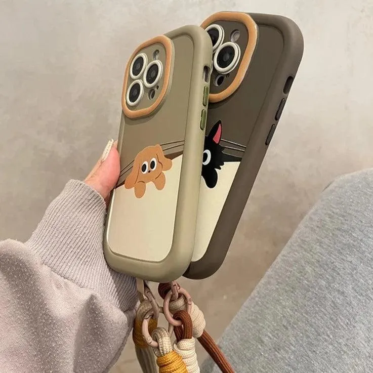 Cartoon Cat Puppy Cute Phone Case with Lanyard for iPhone 15 Pro Max, 14, 13, 11, 12