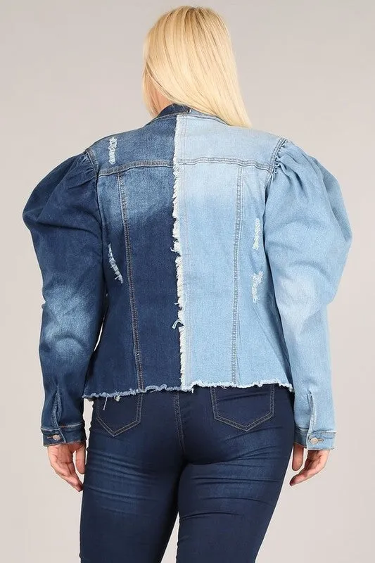 Plus Two Toned Denim Puff Jacket