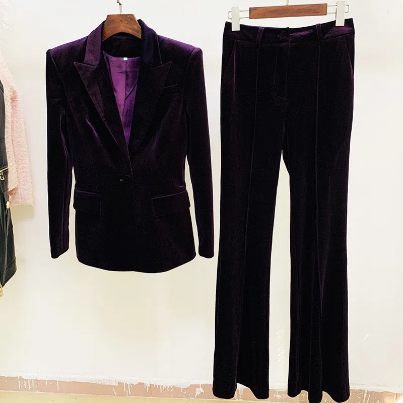 Velvet Blazer Pants Women Set Purple Brown 2023 Autumn Winter New One Button Jacket   Flare Pants Two Piece Office Female Suit